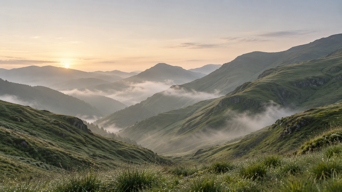 Sunrise over misty green mountain valleys