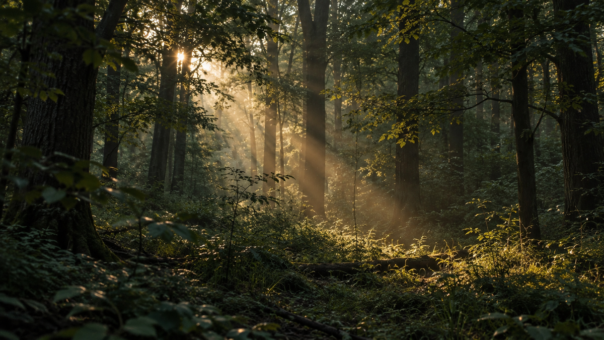 Morning sunbeams through a dense forest