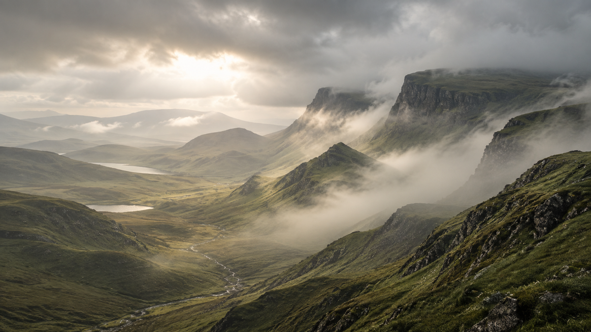 Sunlight breaking through clouds over a misty mountain valley