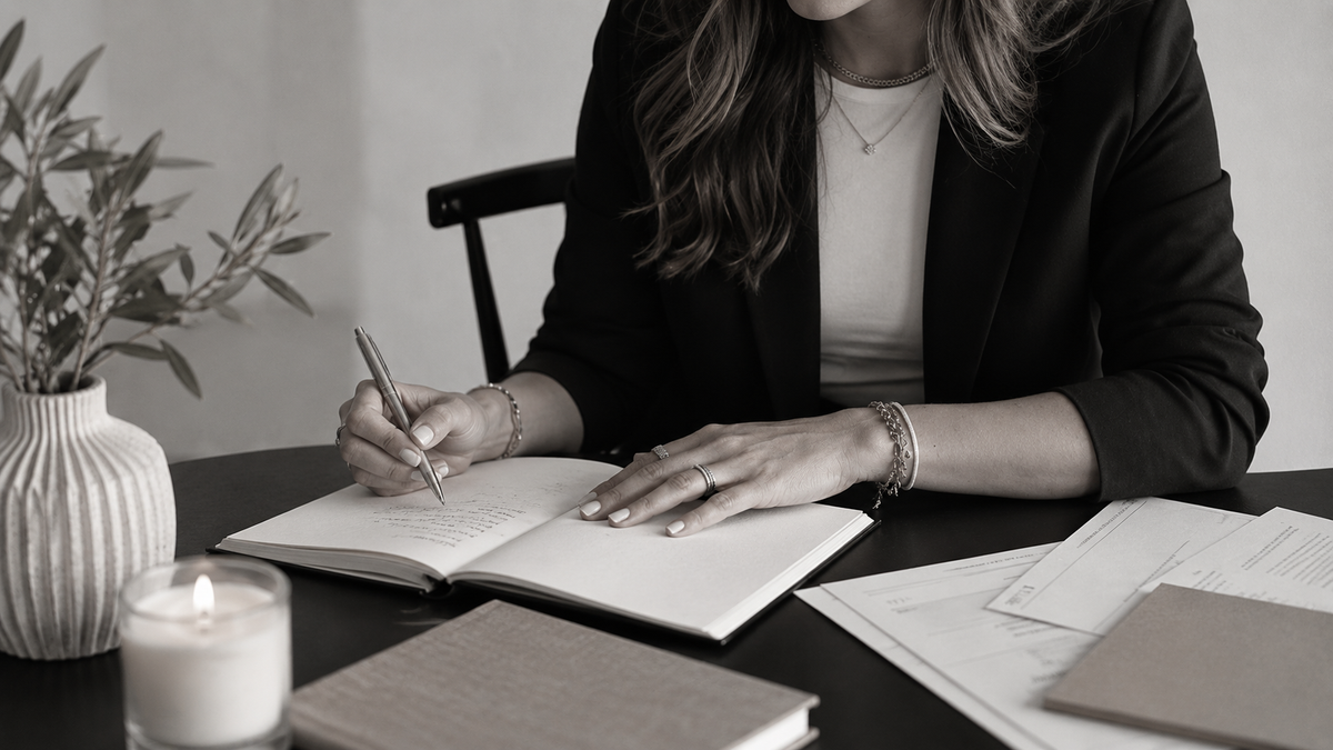 Business owner writing in a notebook at a desk