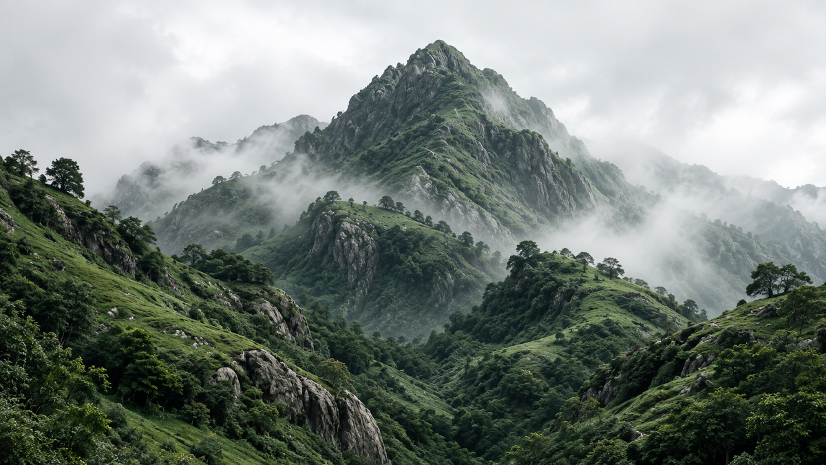 Forested mountain peak wrapped in mist